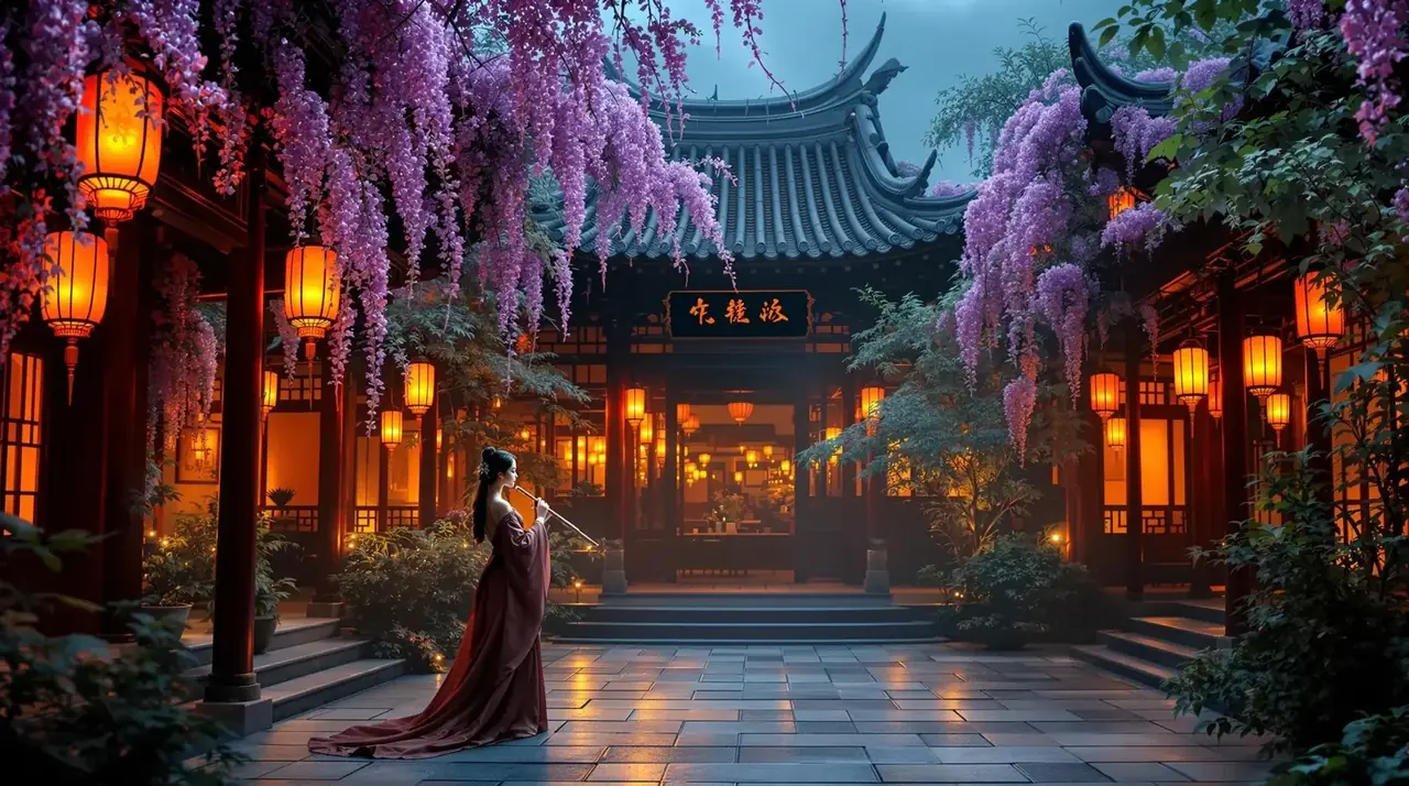 黄果短剧AI首屏：暮色中的古宫廷与华服女子