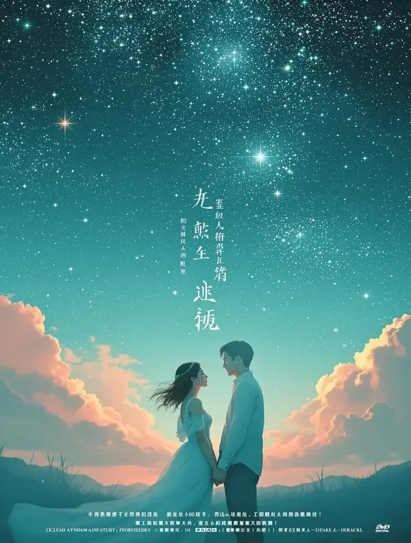 甜宠短剧《星光下的你》封面，星空灯串下相望的两人